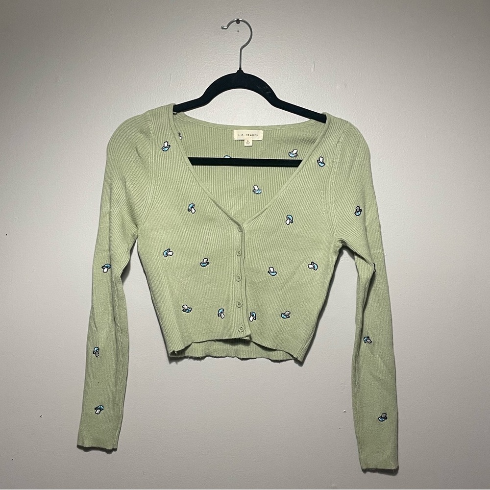 Mushroom Knit Cardigan Top Cropped Long Sleeve
